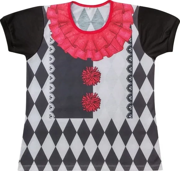 Blusa Adulto Fantasia Pierrô Arlequim com Gola de Babado Vermelho