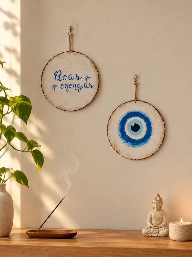Kit 2 Placas Decorativas MDF Olho Grego Boas Energias 20cm