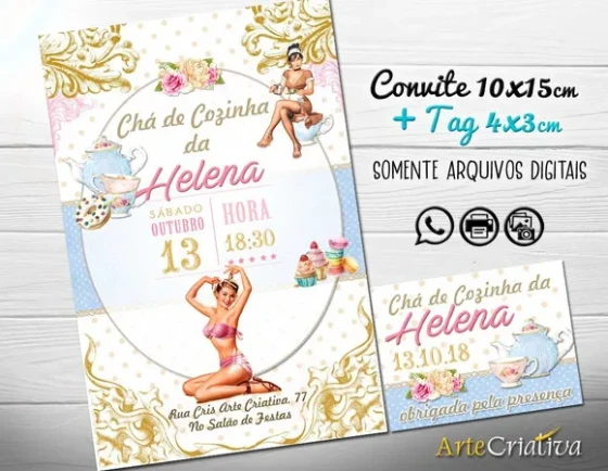 CONVITE DIGITAL C/TAG Chá de Cozinha Vintage Pin Up