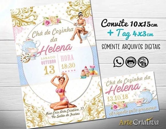 CONVITE DIGITAL C/TAG Chá de Cozinha Vintage Pin Up