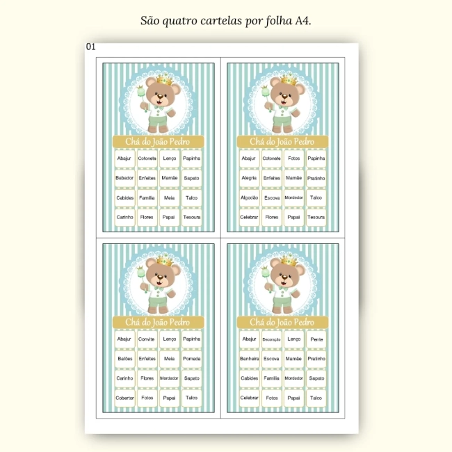 Bingo Chá de Bebê Menino Pdf Para Imprimir