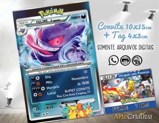 Convite Digital C/tag Pokemon Carta Azul