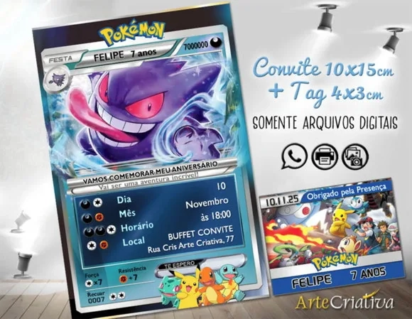 Convite Digital C/tag Pokemon Carta Azul