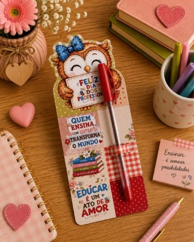 Lembrancinha para Professor com Caneta Personalizada e Marcador de Página – Coruja