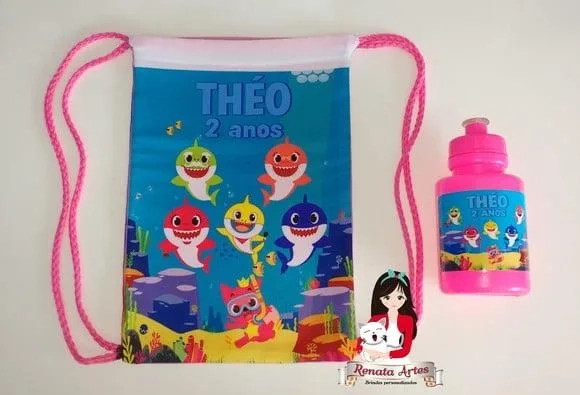 Mochila com Squeeze Personalizado Baby Shark Rosa