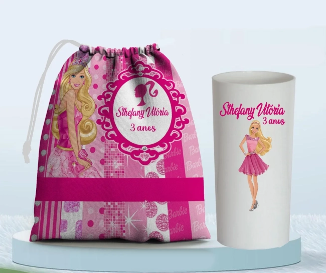 Kit Saquinho Surpresa e Copo Long Drink Personalizado da Barbie