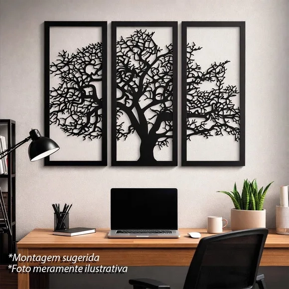 Trio Quadros Decorativos Vazados Árvore da Vida 3d Preto mdf