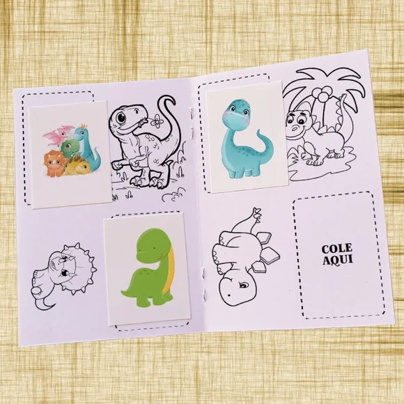 Mini Álbum de Figurinha, Colorir, Festa Dinossauro Cute