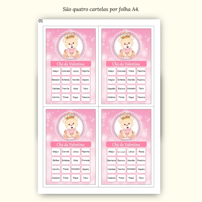 Bingo Chá de Bebê Menina Pdf Para Imprimir