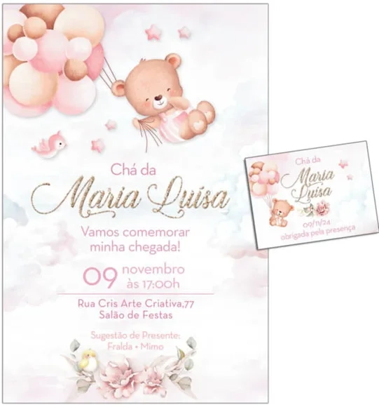 Convite Digital C/tag Chá de Bebê Menina Ursinho 12