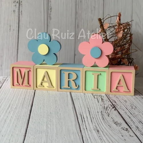 Decoração Bebê Cubos 6x6cm Candyts + 2 Flores Tons Terrosos