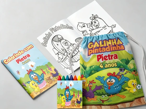 Kit Mochila e Revista de colorir para lembrancinha da Galinha Pintadinha
