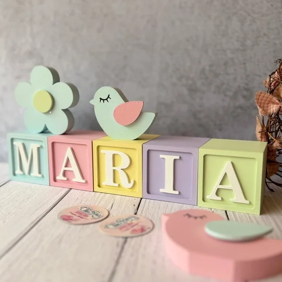 Flor e Passarinhos + Cubos 6x6cm Ts - Pastel Decoração Bebê