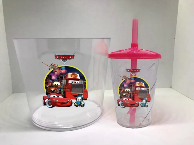 Kit Balde de Pipoca acrilico + Copo twister Personalizado dos Carros Disney