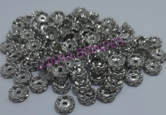 Rondela de Metal Prateado com Strass - 10mm - pct c/ 10 unid