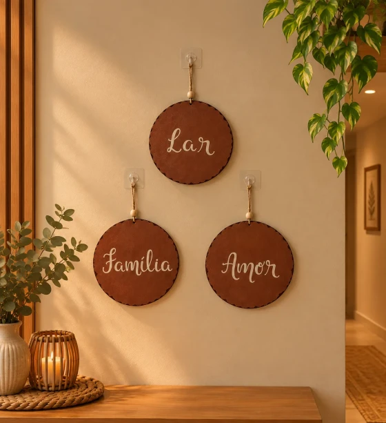 Trio Placas Decorativas Parede Rustico Lar Familia Amor MDF Kit 3 Peças