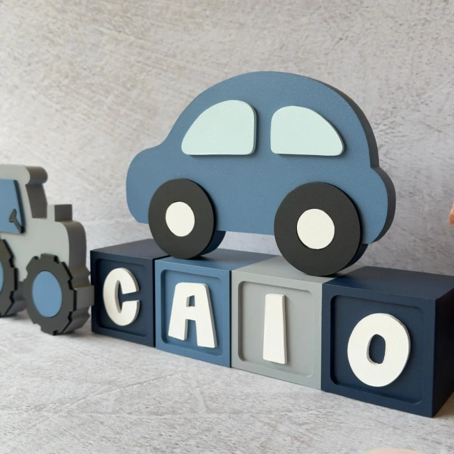 Cubos Decorativos Personalizados para Bebê Menino – Nome com Carro e Trator