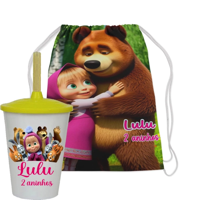 Kit Mochila e Copo Twister personalizado da Marsha e o Urso