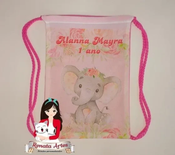Mochila de Tecido Personalizada Elefantinha Rosa