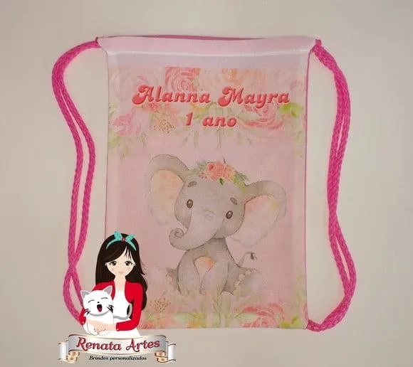 Mochila de Tecido Personalizada Elefantinha Rosa