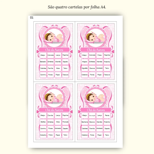 Bingo Chá de Bebê Menina Pdf Para Imprimir