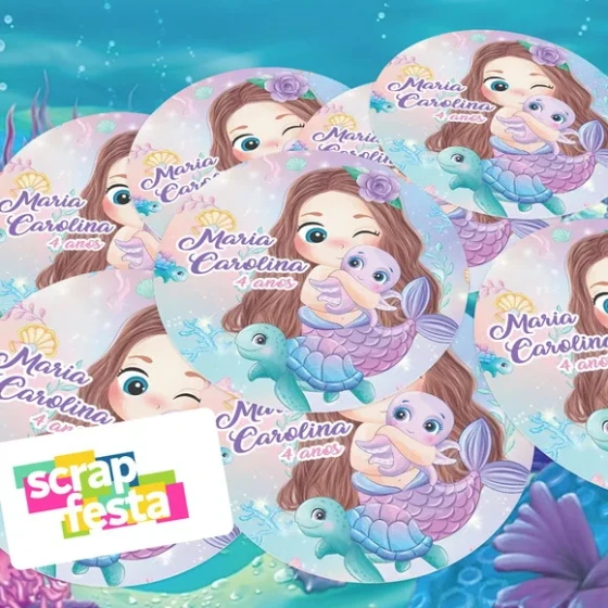 Adesivo 5 cm Redondo Personalizado Festa Sereia