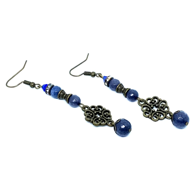 Brinco Vintage Jade Azul Safira Facetada com Gancho Ouro Velho
