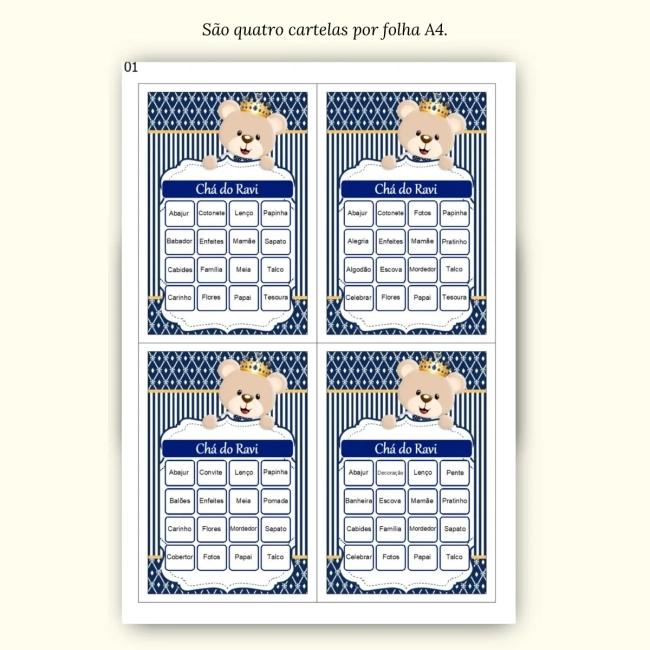 Bingo Chá de Bebê Menino Pdf Para Imprimir