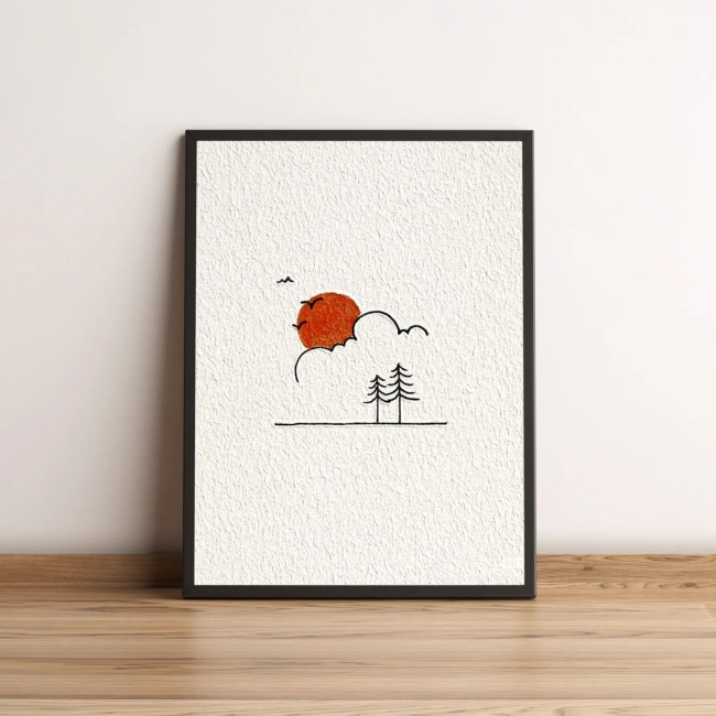 Quadro Sol Minimalista com Árvores e Nuvem 2613