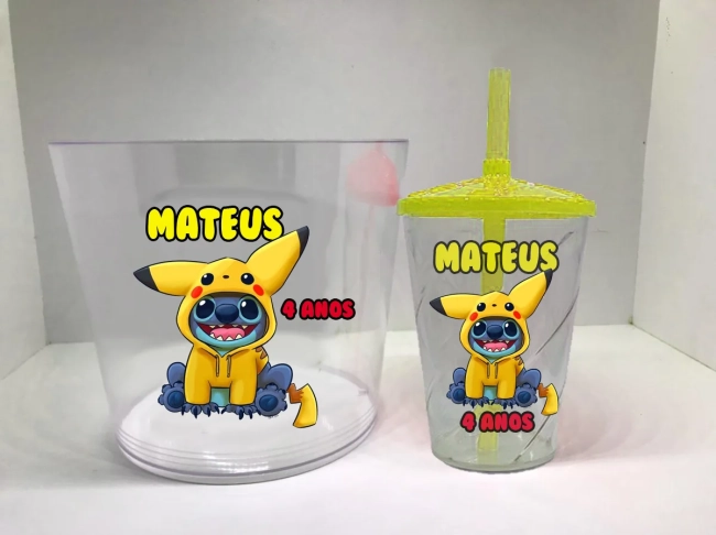 Kit Balde de Pipoca acrilico + Copo twister Personalizado Pikachu Pokemon