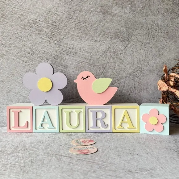 Passarinho e Flor Cubos 6x6cms Decoração Bebê e Maternidade
