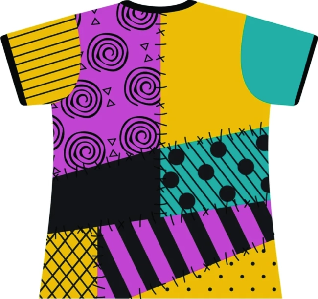 Blusa Adulto Fantasia Boneca de Pano Retalhos Coloridos com Costuras