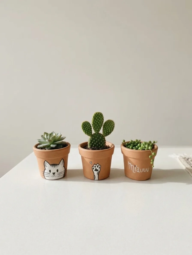 Kit 3 Mini Vasos Cachepô de Barro Gatinho Miau Preto e Branco 7cm