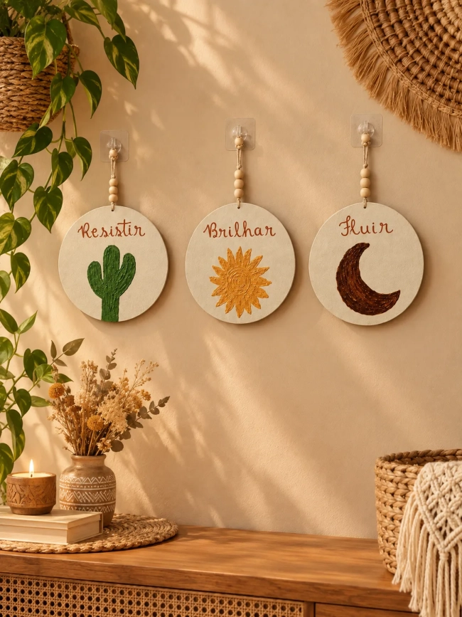 Trio Placas Decorativas Parede Boho Cacto Sol Lua MDF Kit 3 Peças 20cm
