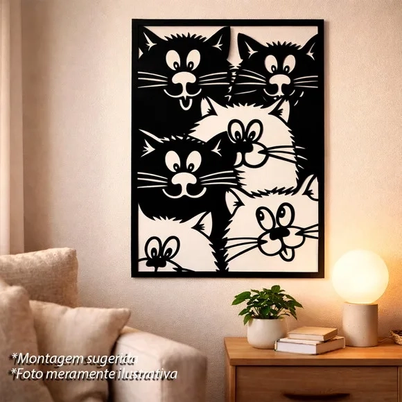 Quadro Decorativo Vazado Seis Gatos 3d Preto mdf