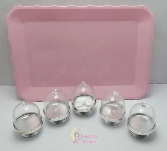 Kit Bandeja Rosa c/Mini Cúpulas Transparente de plástico.