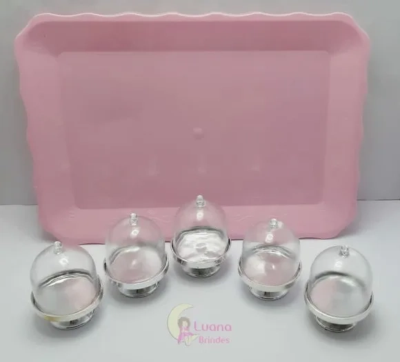 Kit Bandeja Rosa c/Mini Cúpulas Transparente de plástico.