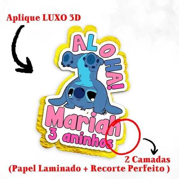 Aplique 3d Festa Stitch Angel Aloha! Dourado e Personalizado