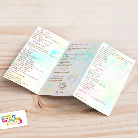 Menu Cardápio 3 Partes Festa Unicórnio Aquarela