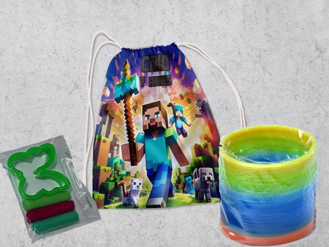 Kit Mochilinha + Mini Massinha de modelar e Mola Maluca Minecraft