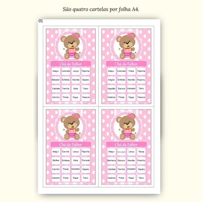 Bingo Chá de Bebê Menina Pdf Para Imprimir