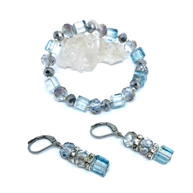 Conjunto Luxo Brinco e Pulseira Cristal Boreal (Cinza Azulado)
