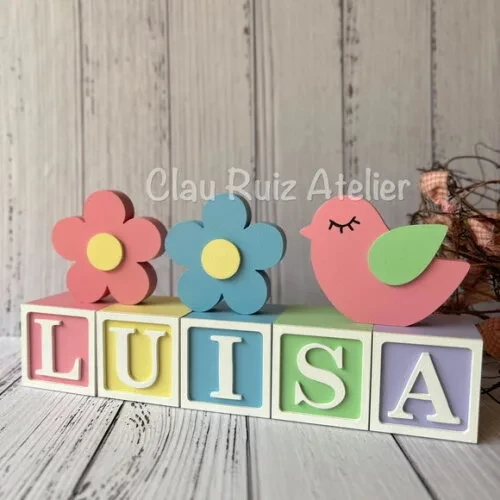 Decoração Bebê Cubos 6x6cmcandy T+dupla de Flor e Passarinho