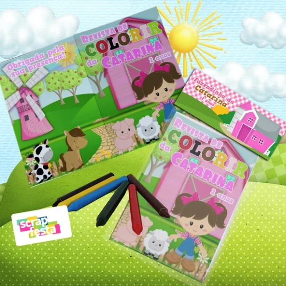 Mini Revista Colorir Giz Cera, Saquinho, Lapela Fazendinha