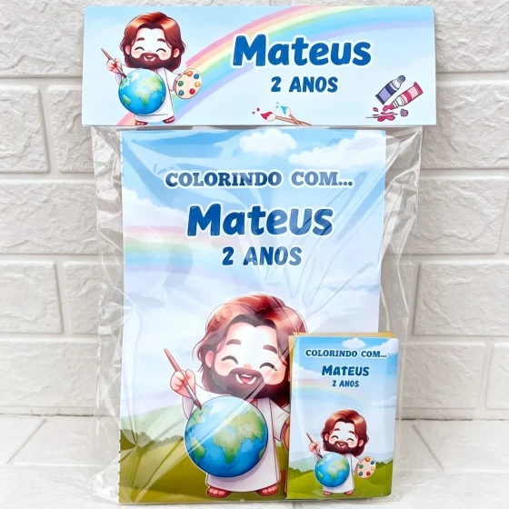 Kit Colorir Revista com Giz de cera Personalizado Amigo Jesus