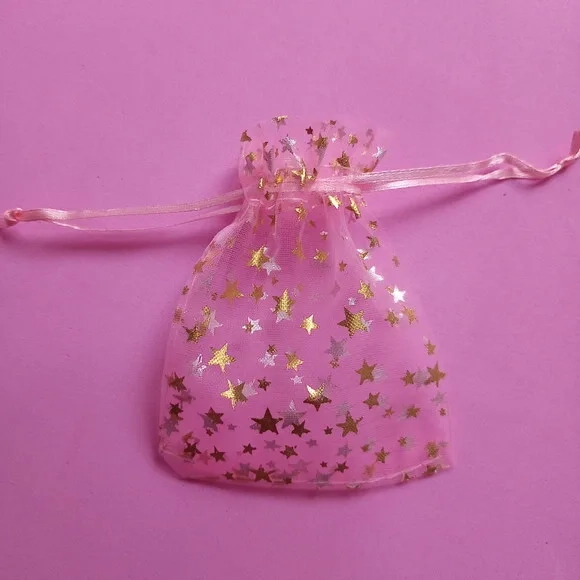 Saquinho Organza Cristal Rosa com Estrela com Fita 9x11cm