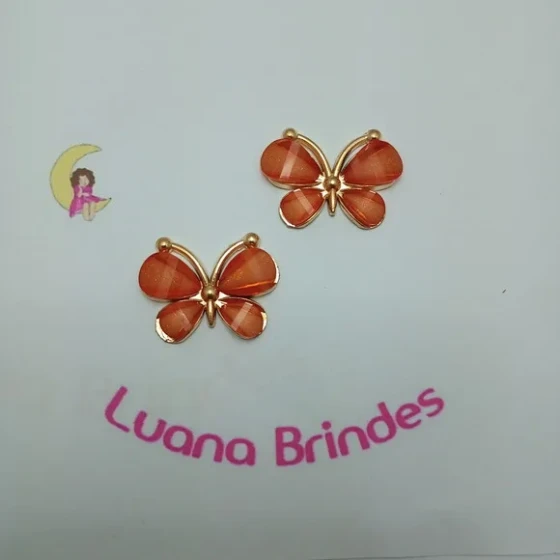 Borboleta Aplique Laranja Metal Dourado 2,5cm Pct 2 unidades