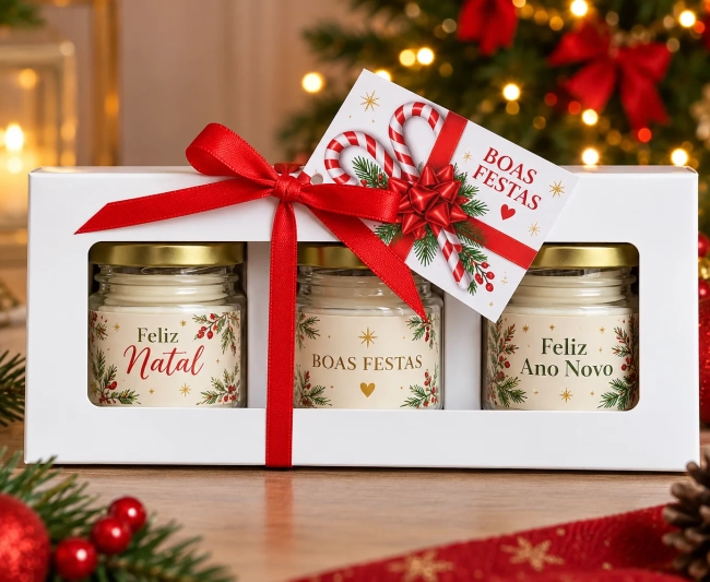Kit Natalino com 3 Velas Aromáticas – Feliz Natal, Boas Festas e Feliz Ano Novo