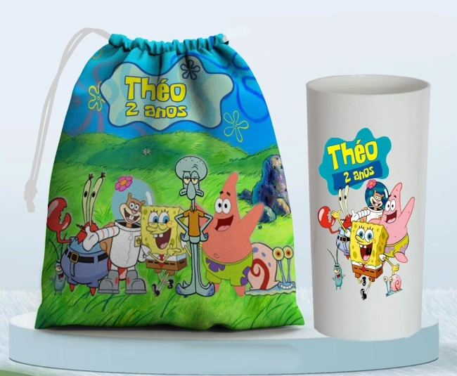 Kit Saquinho Surpresa e Copo Long Drink Personalizado do Bob Esponja
