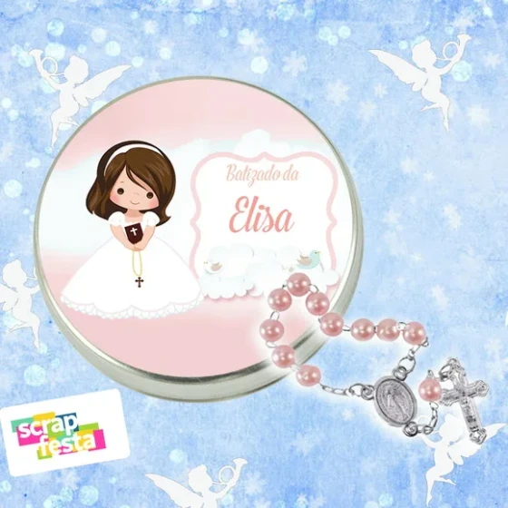Latinhas Personalizadas Festa Batizado + Mini Terço Rosa